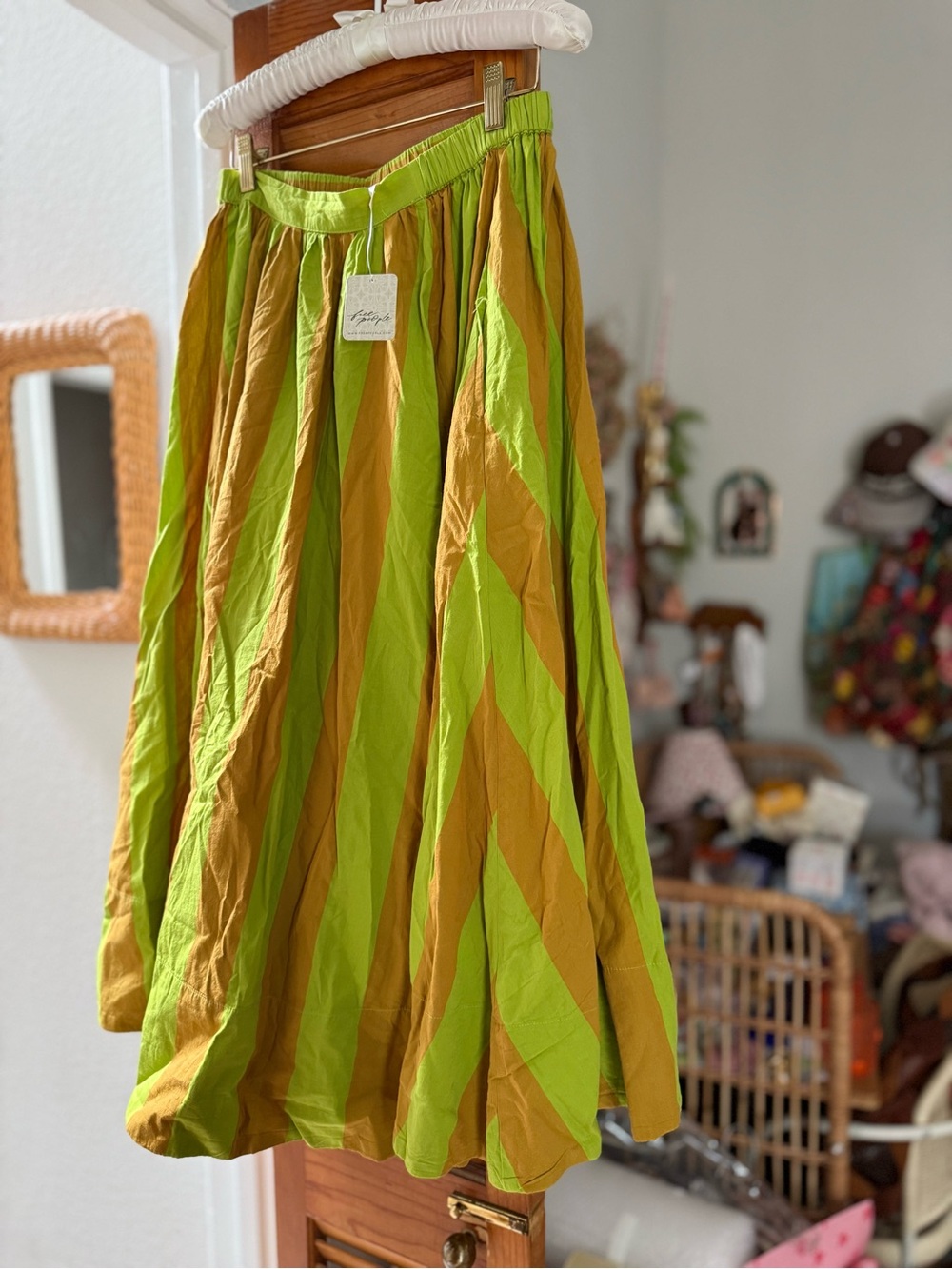 NWT Free People Lowen green and mustard yellow stripe print midi skirt sz small